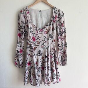 Ecote Urban Outfitters Cream Floral Long Sleeve Scoop Neck Mini Skater Dress 4